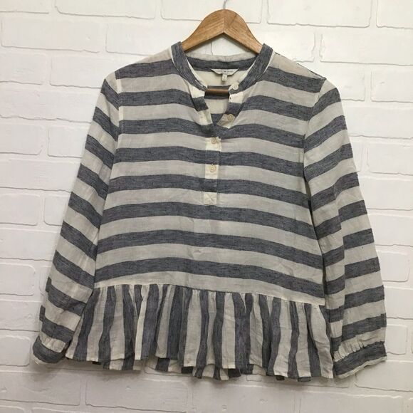 LUCKY Brand striped white blue jeans frills buttom blouse small boho lagenlook - Picture 10 of 12